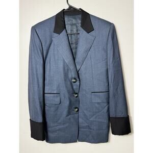 Vintage 80s Blue Blazer Contrast Black Collar Cuffs Montalvo Tailored Unisex M